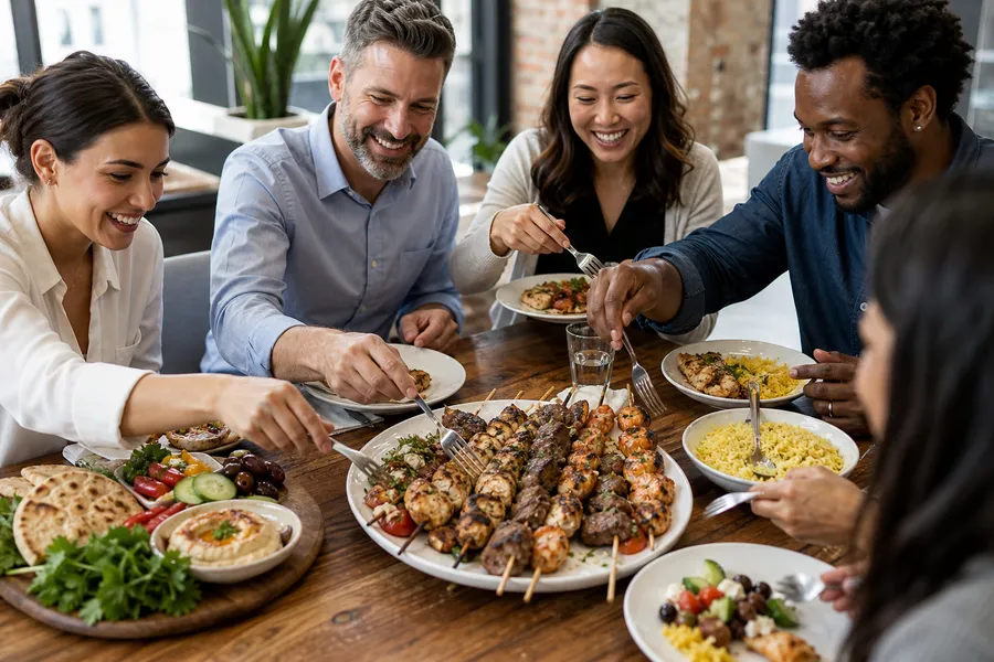 Coworkers enjoying a Mediterranean kabob catering spread