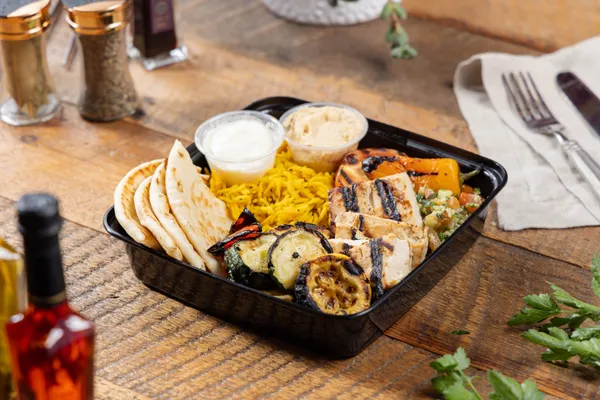 Marinated vegan tofu kabob plate from Ikaria Kitchen